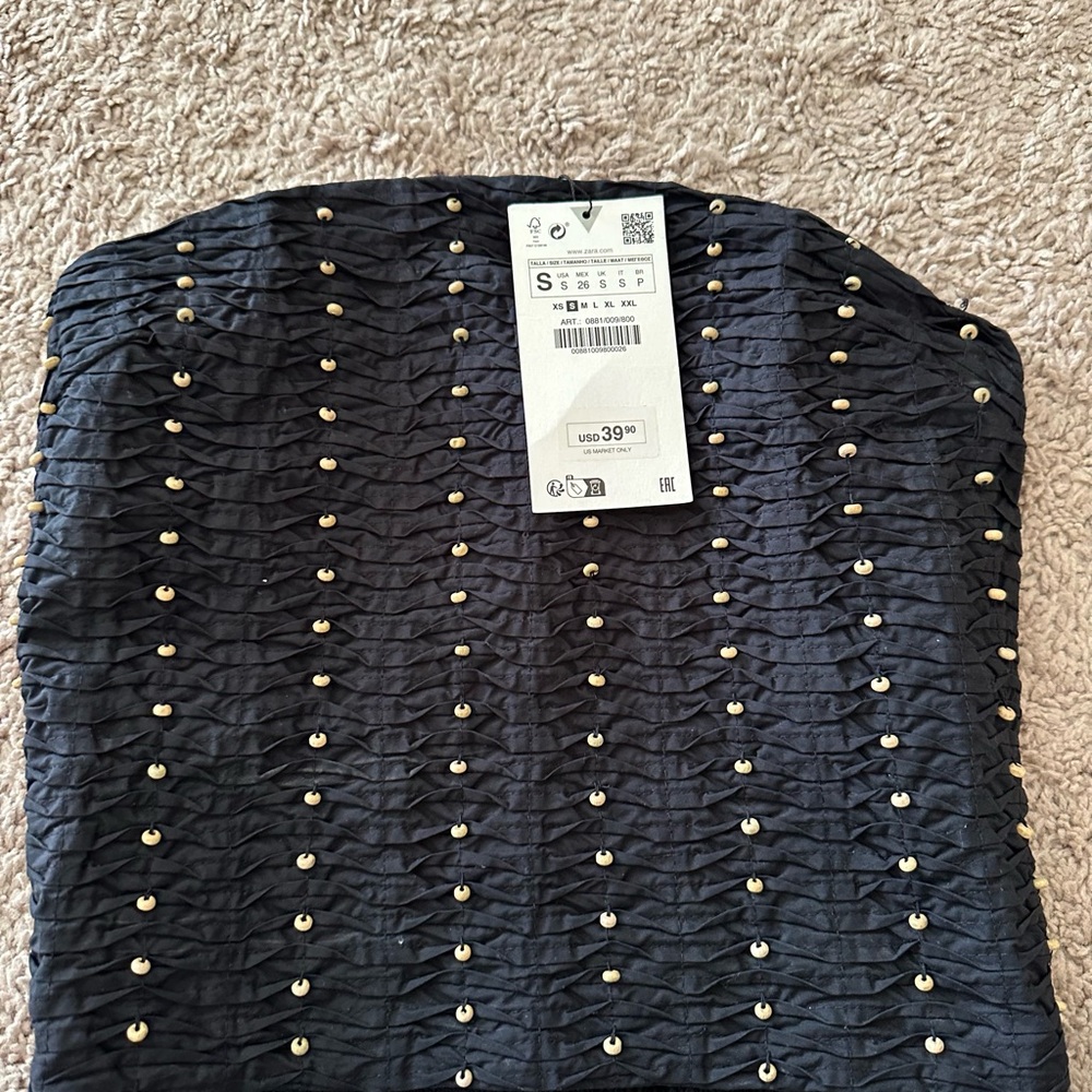 Zara WomansBeaded Strapless Crop Top Shirt stretchy Size S Black 0881/009 NWT